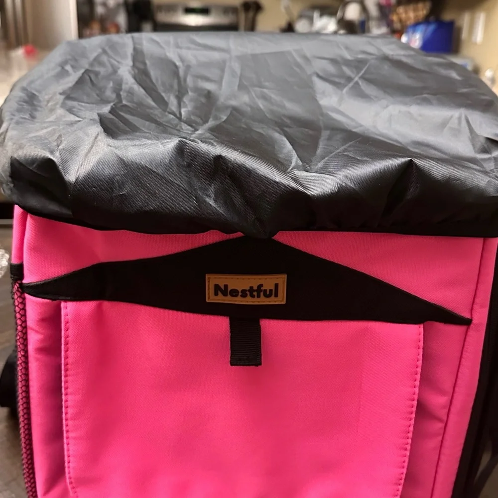 CUTE! Pink Nestful Dog Bike Basket Carrier expandable w/rest area & rain cover.